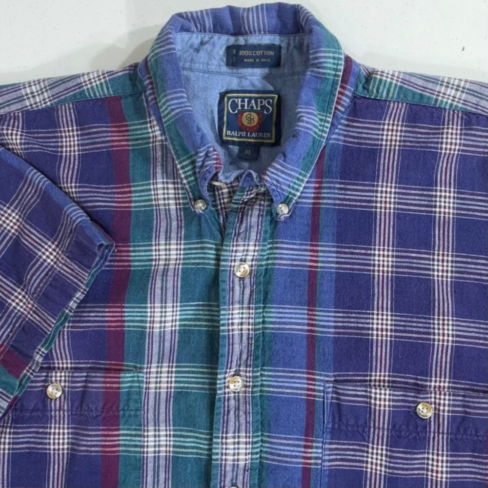 Chaps Ralph Lauren Button Down Shirt XL Blue Plaid‎ 90s Vintage Retro Indie READ